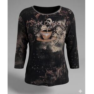 Jess & Jane Womens XL Artsy‎ Y2K Grunge Eclectic Rhinestone Coffee Crewneck Top